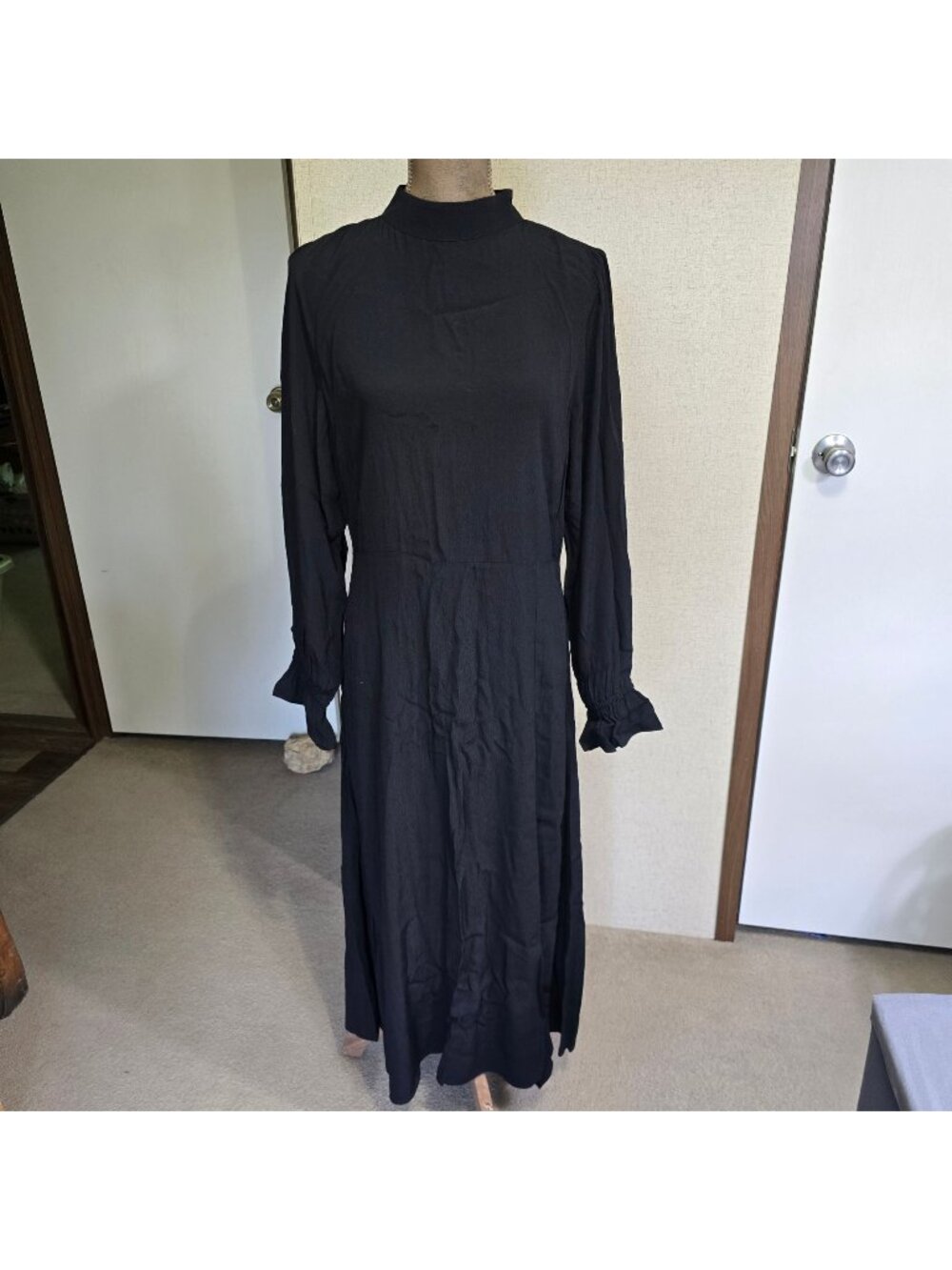 Loft Size 8 Black Long Sleeve Midi Dress With High Neckline & Button Detail